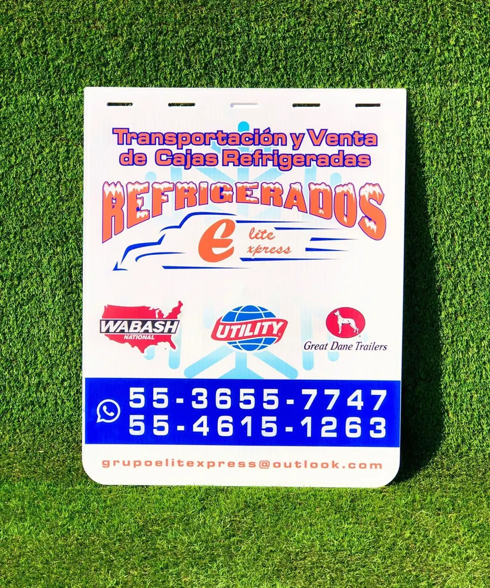 Lodera blanca para venta de cajas refrigeradas con logos y teléfonos