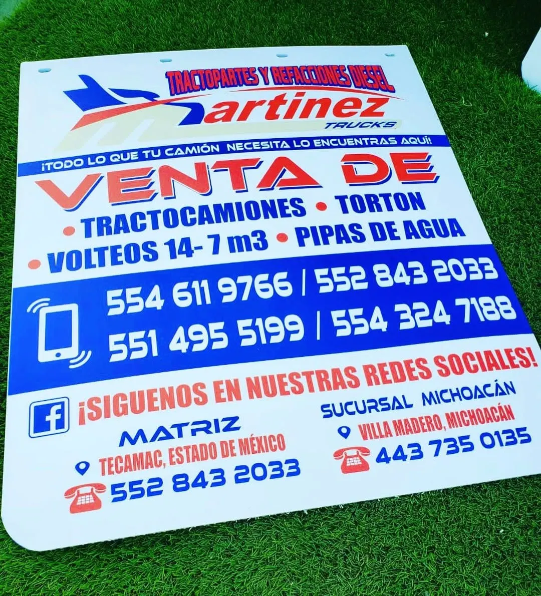 Lodera blanca de venta de tractocamiones con sucursales y teléfonos