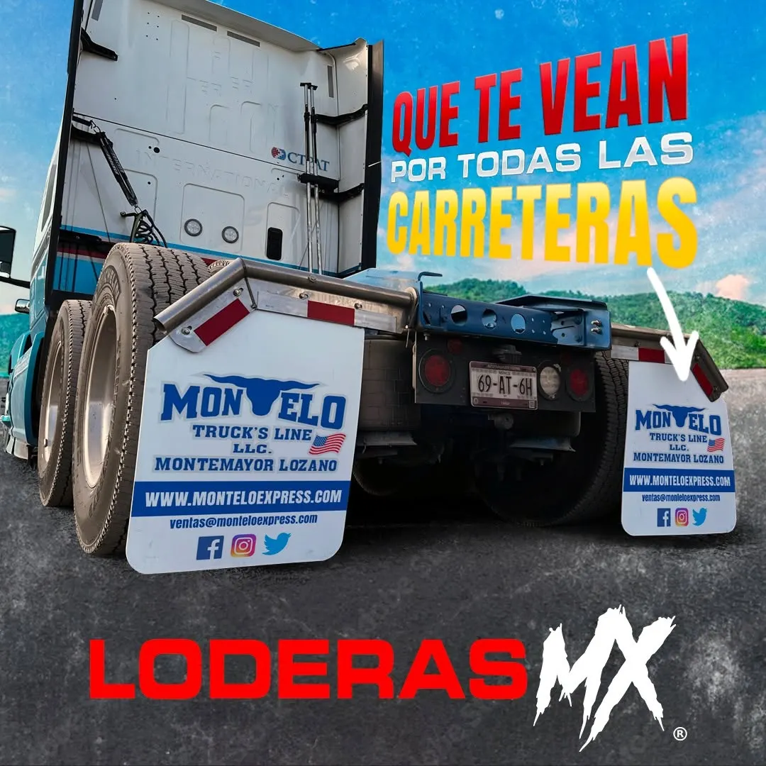 Tractocamión con loderas blancas de línea transportista y la frase Que te vean por todas las carreteras